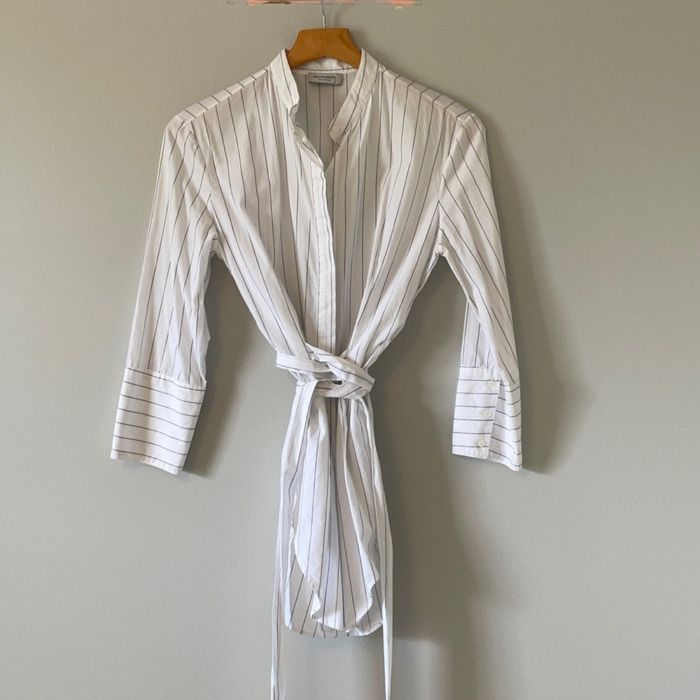 Women's White Pinstripe Tie-Waist Button-Down Shirt